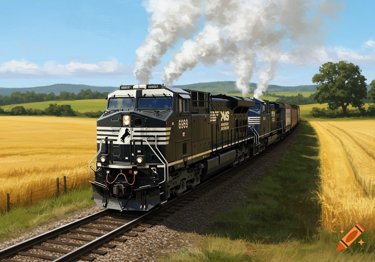 A black train locomotive with white stripes on a track in a golden field under a blue sky, emitting white smoke.