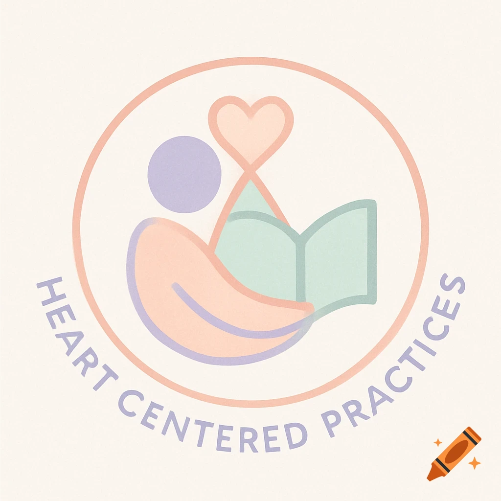 A minimalist circular logo with abstract shapes of a person reading under a heart, surrounded by the text 'HEART CENTERED PRACTICES' in pastel colors.