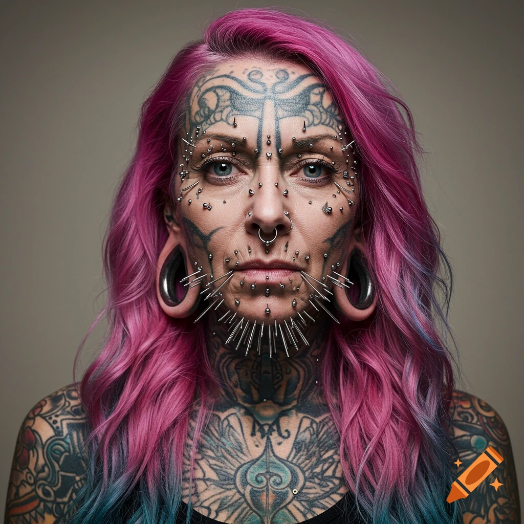 Portrait of a middle-aged woman with pink and blue hair, a face covered in numerous piercings and tattoos, and large stretched earlobes.