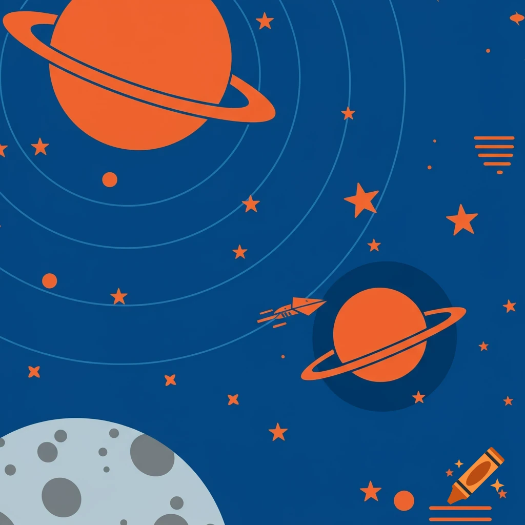 A flat, 2D illustration of outer space with orange planets, stars, a rocket, and part of a grey moon against a blue background.