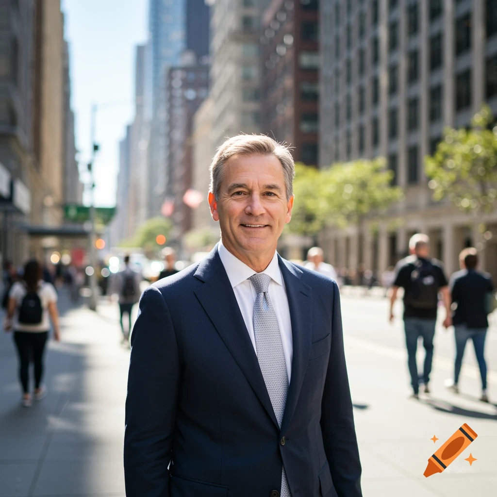 A smiling man in a dark blue suit and tie stands on a sunny city street with blurred buildings and pedestrians.