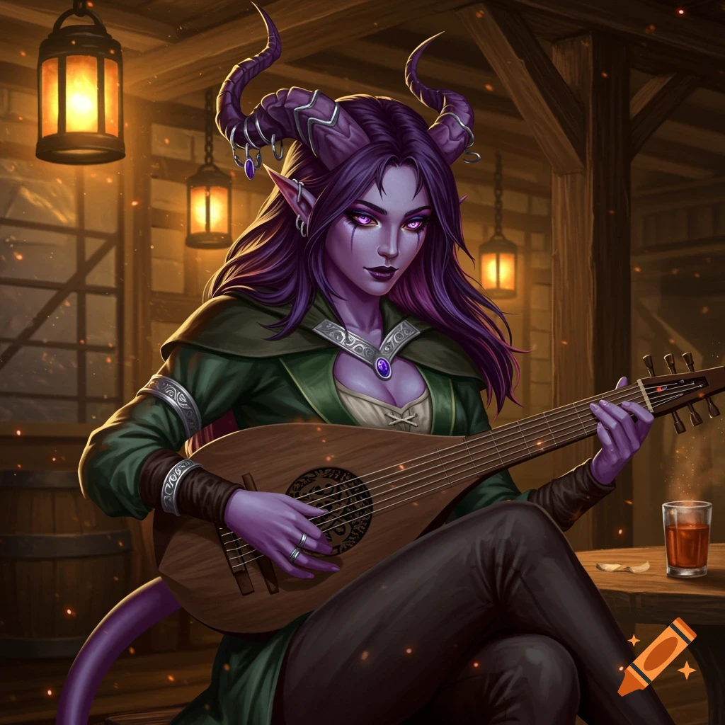 A purple-skinned tiefling bard with horns and purple hair plays a lute in a dimly lit tavern.