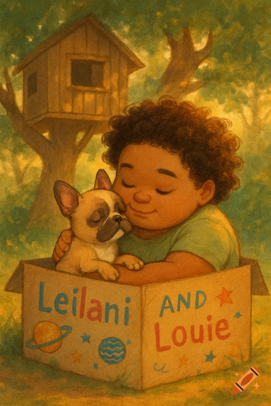 A child hugs a French Bulldog in a box labeled 'Leilani AND Louie' with planets and stars, in a whimsical illustration with a treehouse backdrop.