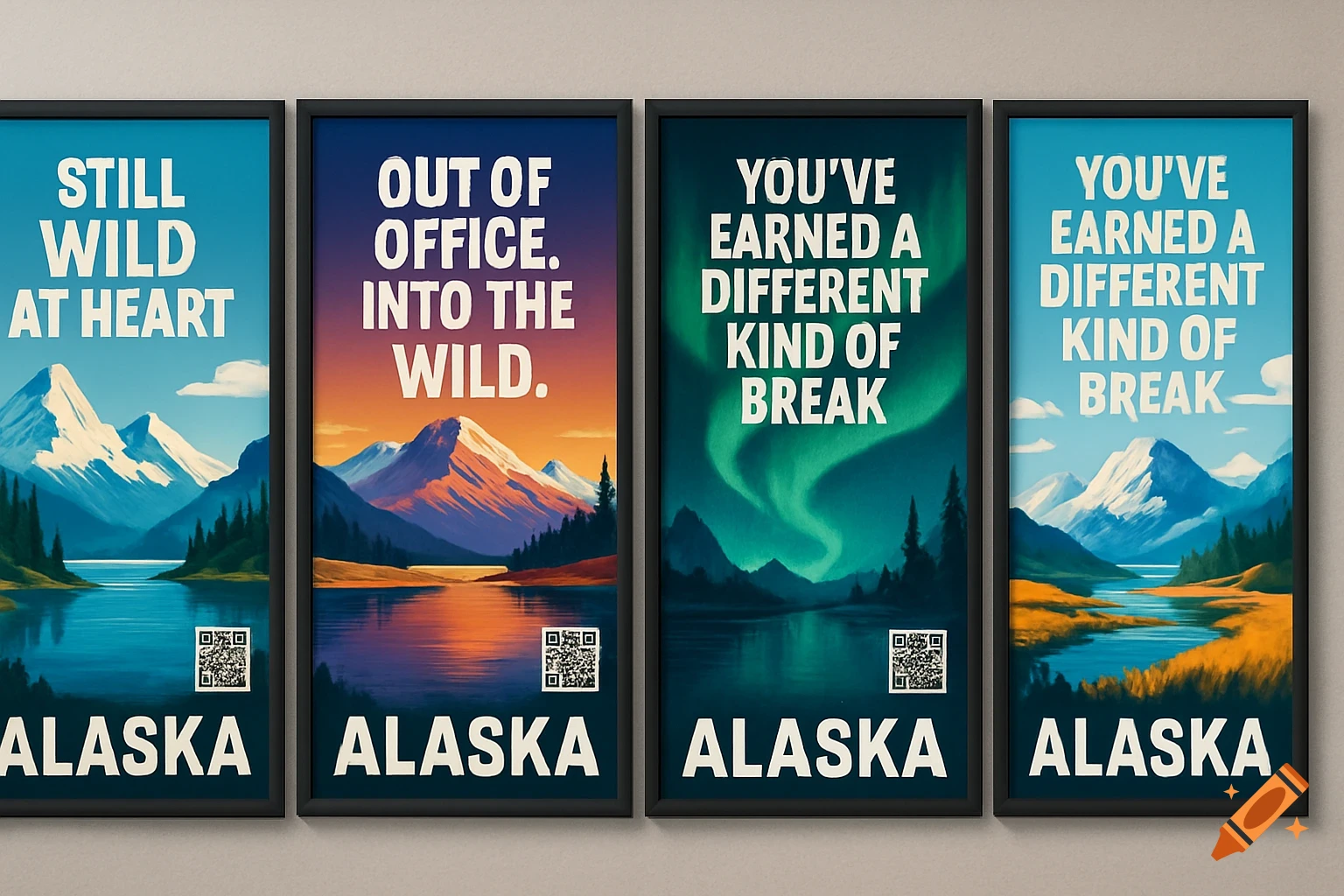 Four colorful posters depicting Alaskan landscapes with text slogans and QR codes.
