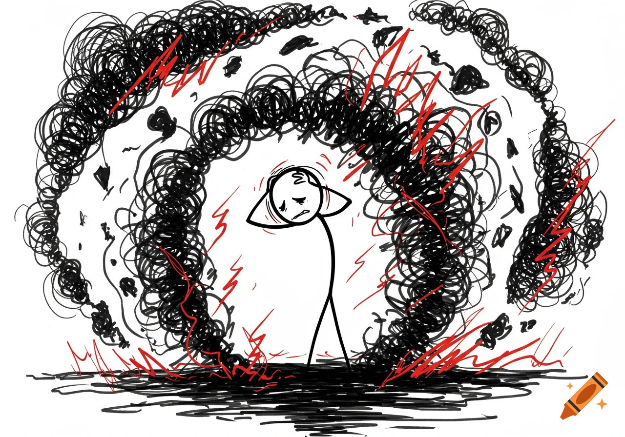 A stick figure holding its head, surrounded by black scribbles and red lightning bolts, depicting stress in a doodle style.