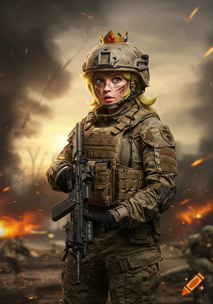 Princess Peach in a military combat suit, helmet, and crown, holding a rifle on a smoky, war-torn battlefield at sunset.