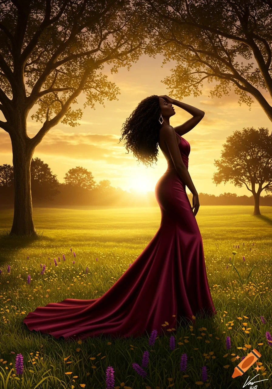 An elegant Black woman in a long, flowing burgundy dress stands in a vibrant green field with yellow and purple flowers at sunset.