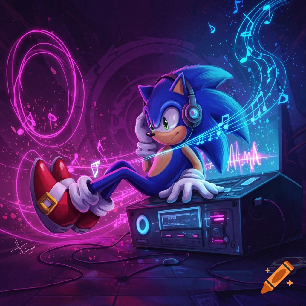 Sonic the Hedgehog sits on a music player, listening to music with headphones, surrounded by vibrant neon lights and musical notes.