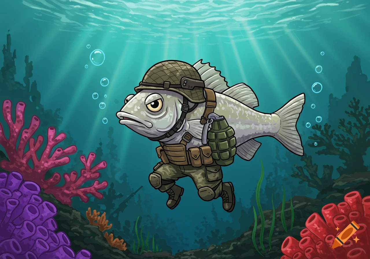 A cartoon fish wearing a military helmet and tactical gear, holding a grenade, swims in an underwater scene with colorful coral.