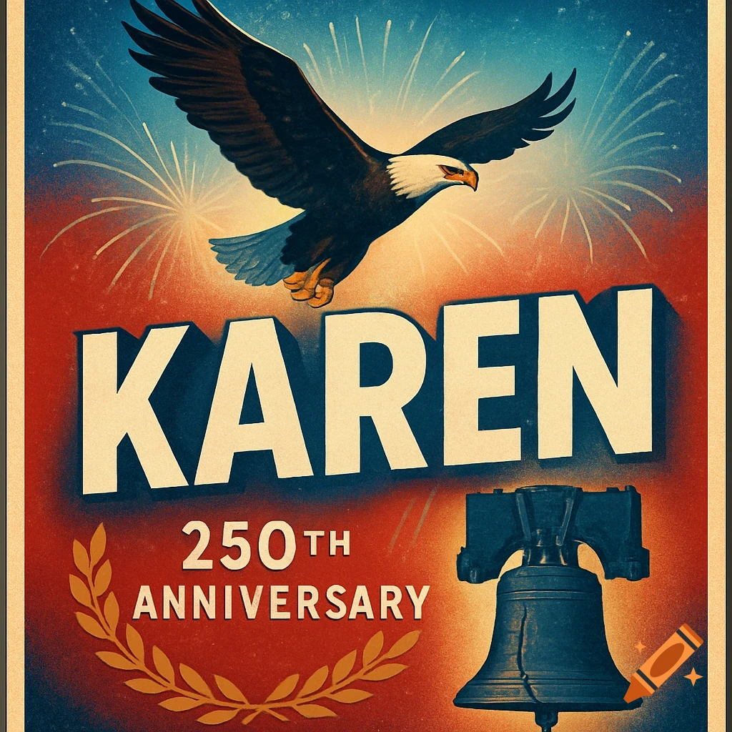A vintage-style political poster featuring a bald eagle, fireworks, and the Liberty Bell, with text that reads 'KAREN 250TH ANNIVERSARY' in bold letters.
