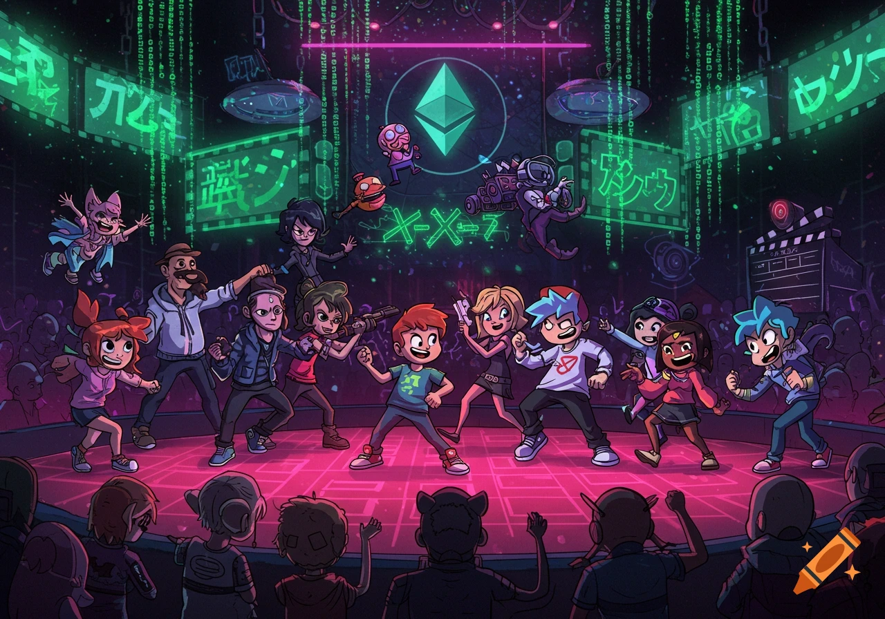A colorful cartoon illustration of various video game characters gathered on a neon-lit stage, surrounded by a cheering crowd and screens displaying green binary code. An Ethereum logo glows in the background.