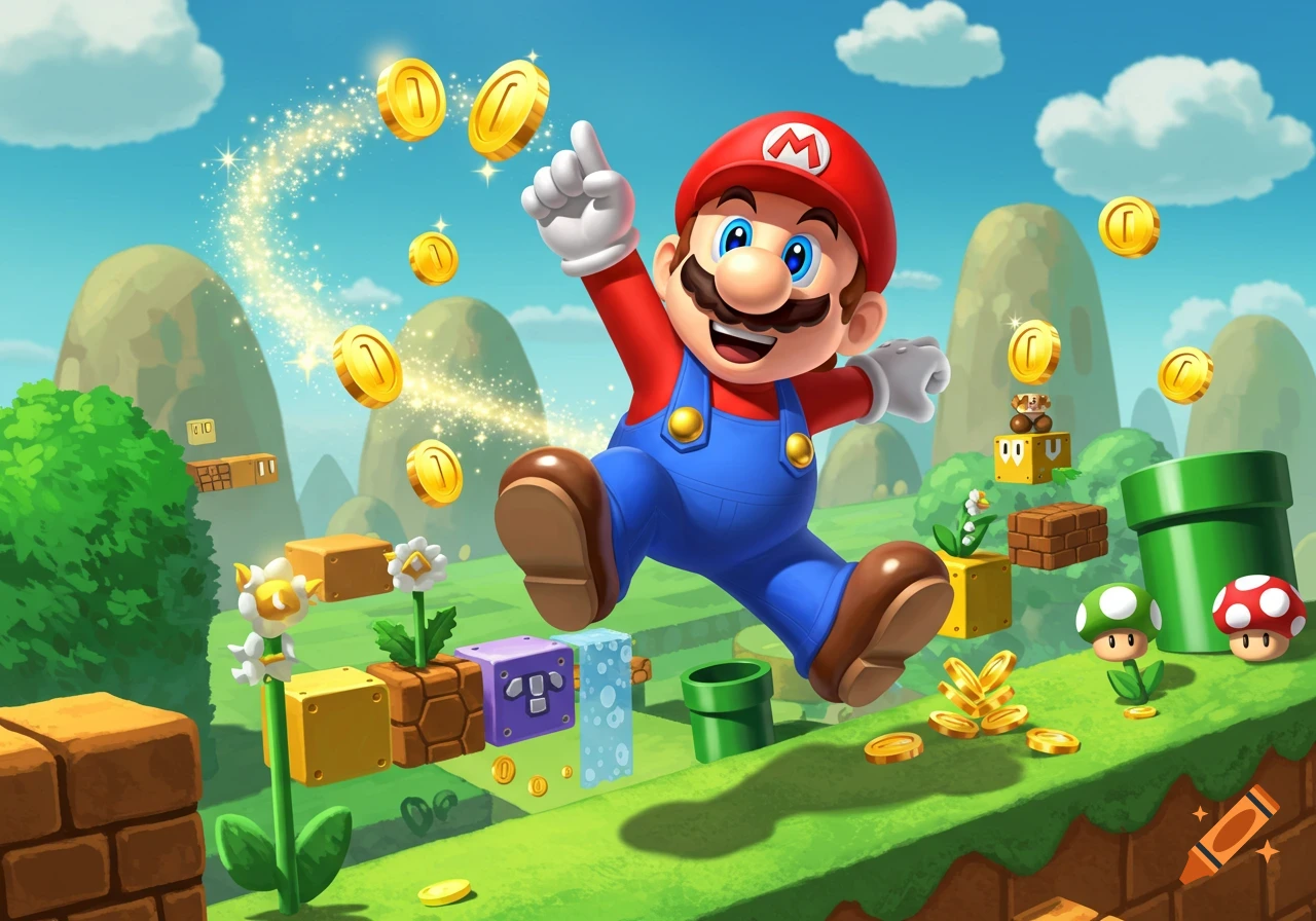 A vibrant, cartoonish illustration of Super Mario jumping high in a classic video game landscape, surrounded by floating golden coins and iconic elements like green pipes, question blocks, and mountains.