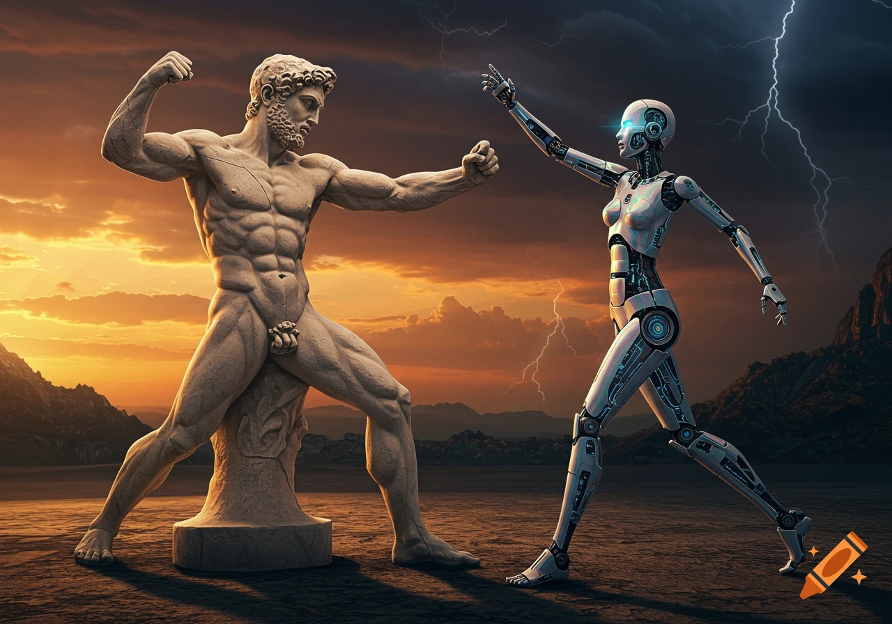 A classical male statue and a female robot face off in a dramatic desert landscape with a stormy, lightning-filled sky.