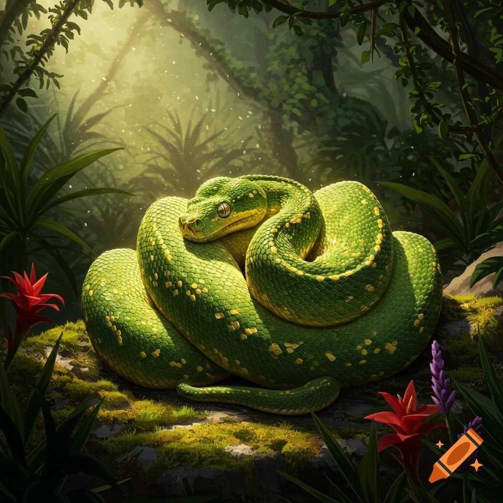 A vibrant green snake with yellow spots coiled on a mossy log in a lush, sunlit jungle drawing.