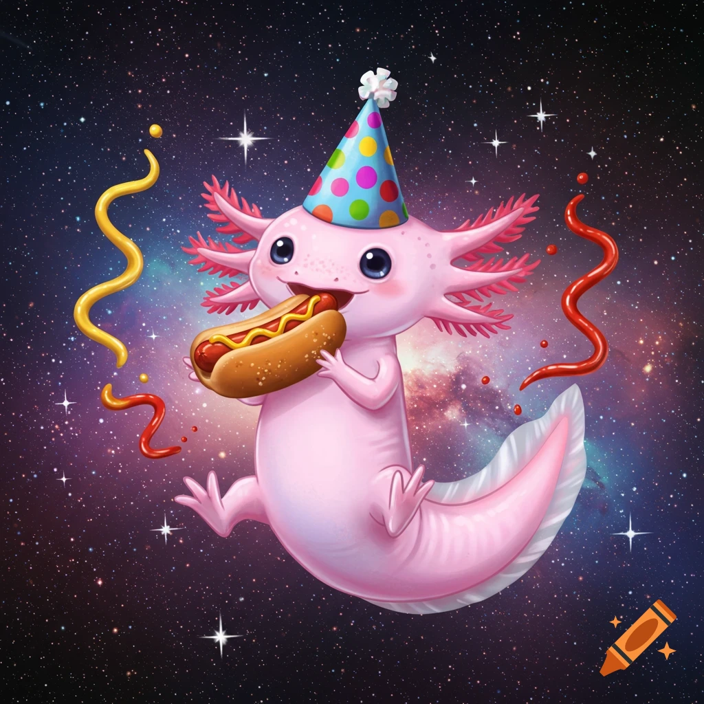 A cute pink cartoon axolotl wearing a party hat in space, happily eating a hot dog with mustard and ketchup swirling around.