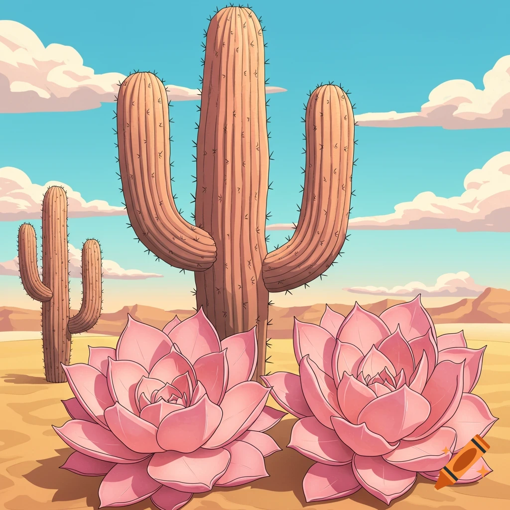 Neo-traditional illustration of tall cacti and large pink succulents in a sunny desert landscape.