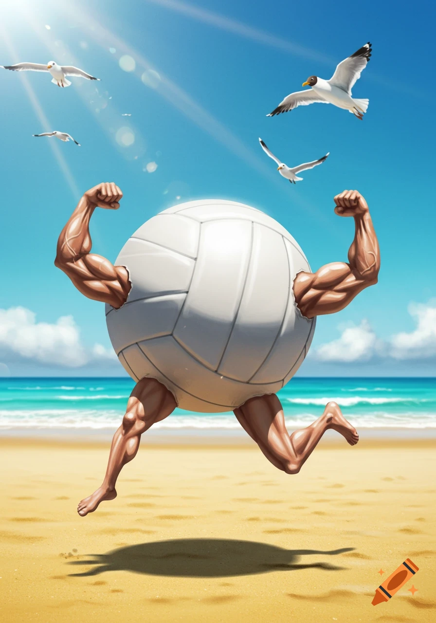 A stylized illustration of a muscular volleyball running on a beach with seagulls flying overhead under a bright blue sky.