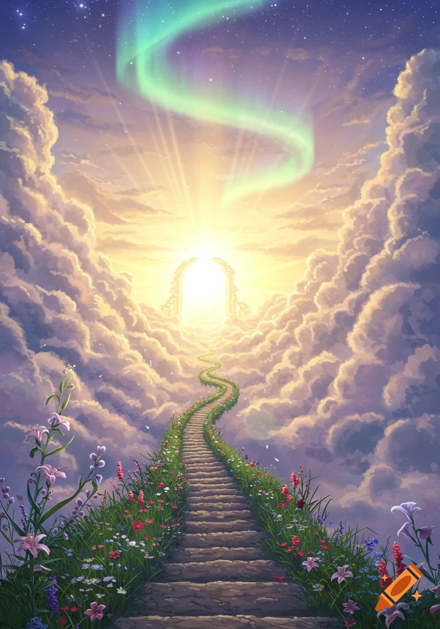 A winding stone path lined with colorful flowers ascends through fluffy clouds towards a bright, glowing archway in a starry sky with a green aurora.