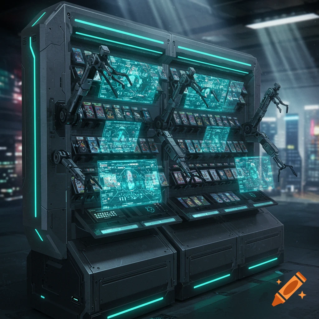 A futuristic, modular machine with glowing turquoise screens displaying data and several robotic arms, set against a blurry cityscape.