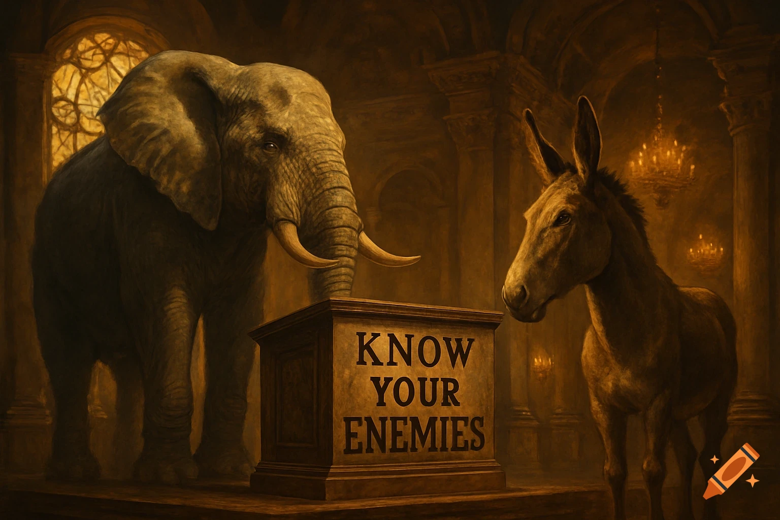 A large elephant and a donkey face a podium with "KNOW YOUR ENEMIES" inscribed, in a dark, grand hall. Painting style.