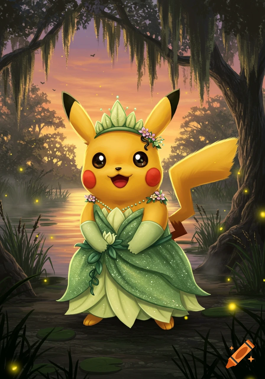 Pikachu dressed as Princess Tiana in a green lily pad dress and crown, standing in a swamp at sunset with fireflies.