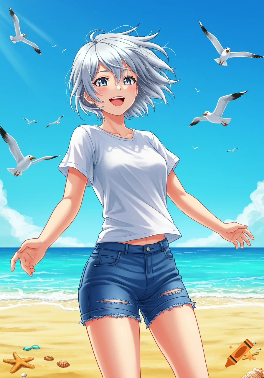 An anime girl with short silver hair and a white t-shirt smiles on a sunny beach with seagulls.