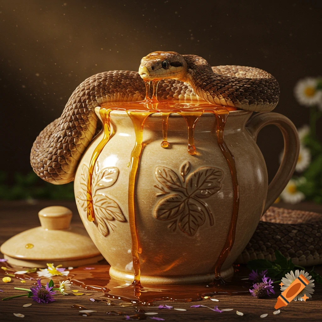 A brown snake coils around a rustic honey pot, with golden honey dripping onto a wooden table scattered with small flowers. Photorealistic style.