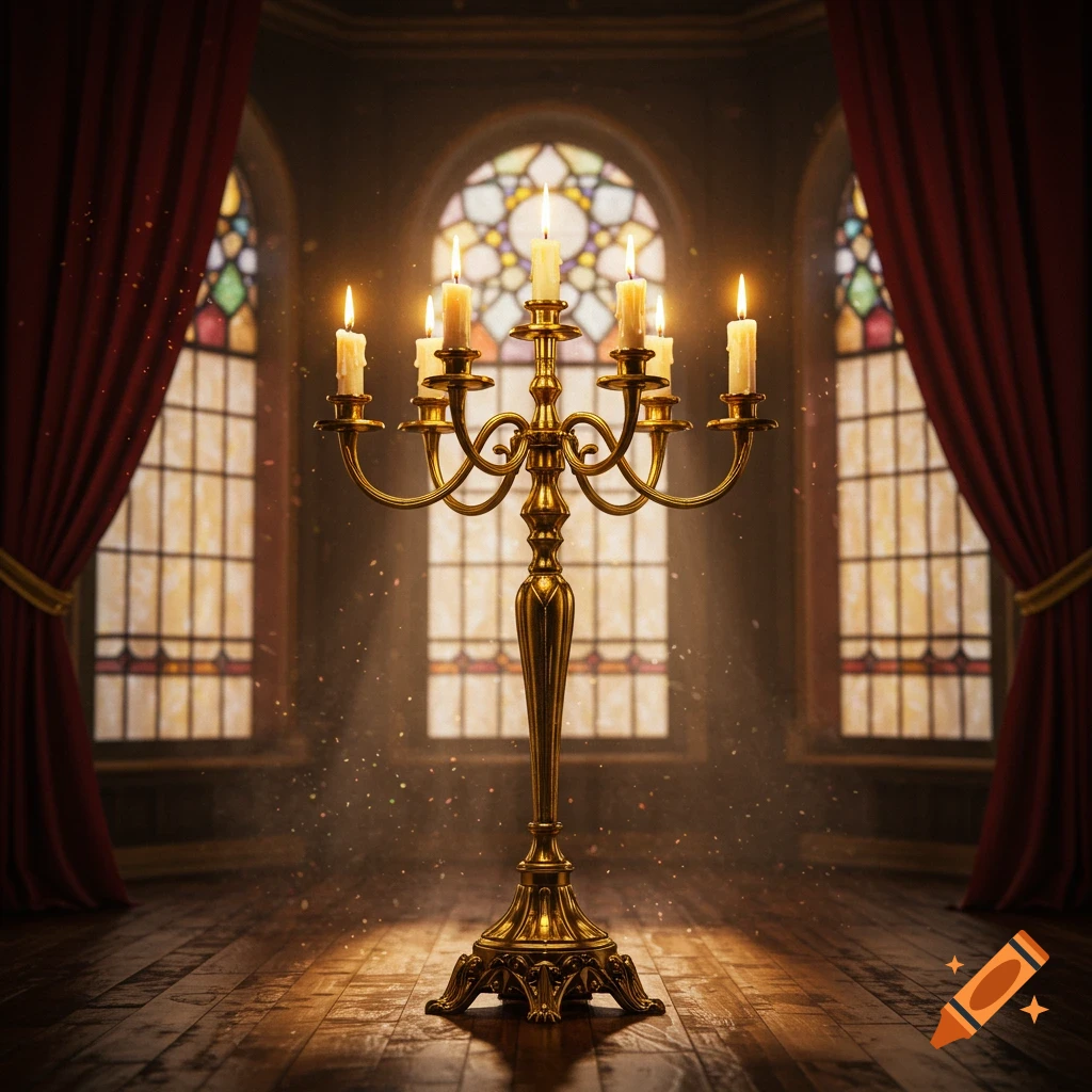 A golden candelabra with lit candles in a grand room with stained-glass windows and red curtains, photorealistic.