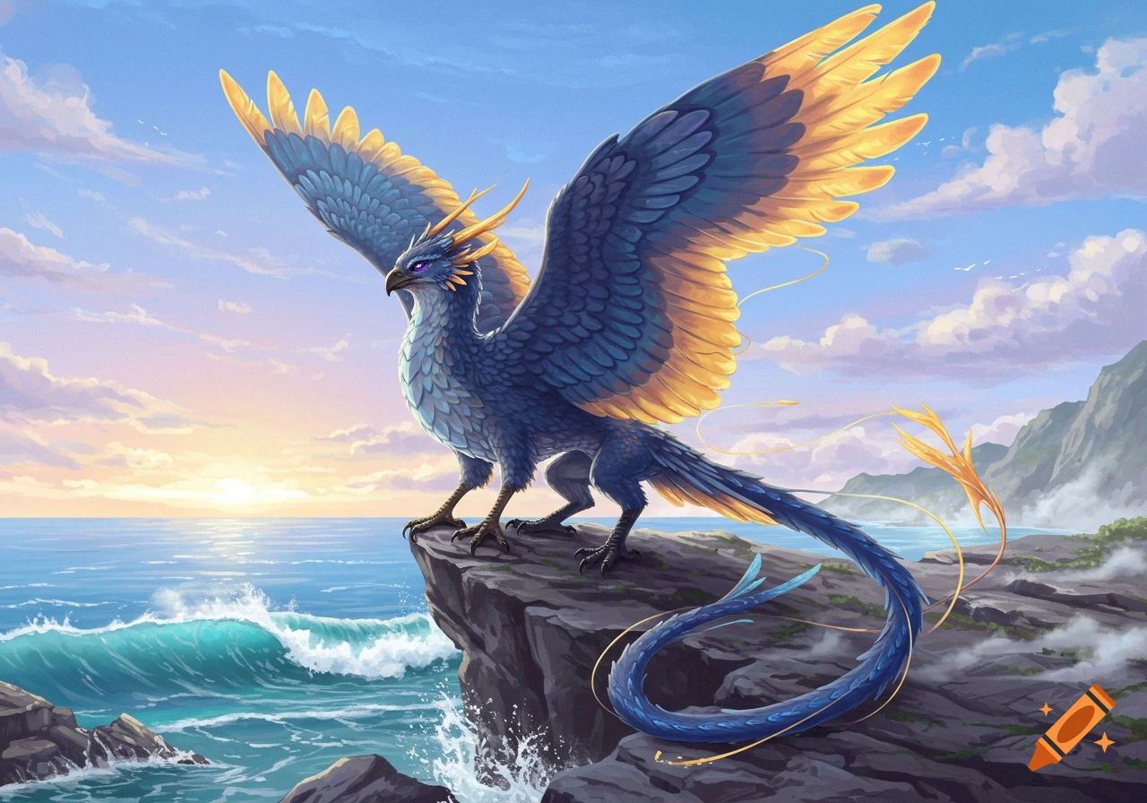 A majestic blue and gold winged creature stands on a rocky cliff overlooking a vibrant ocean at sunset.