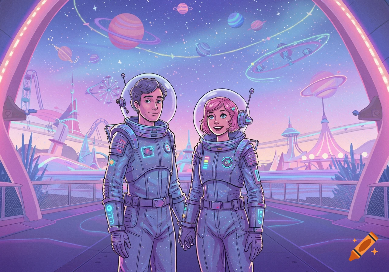 Two smiling characters in detailed space suits stand in a colorful, futuristic space-themed amusement park with planets in the sky, in an illustration style.