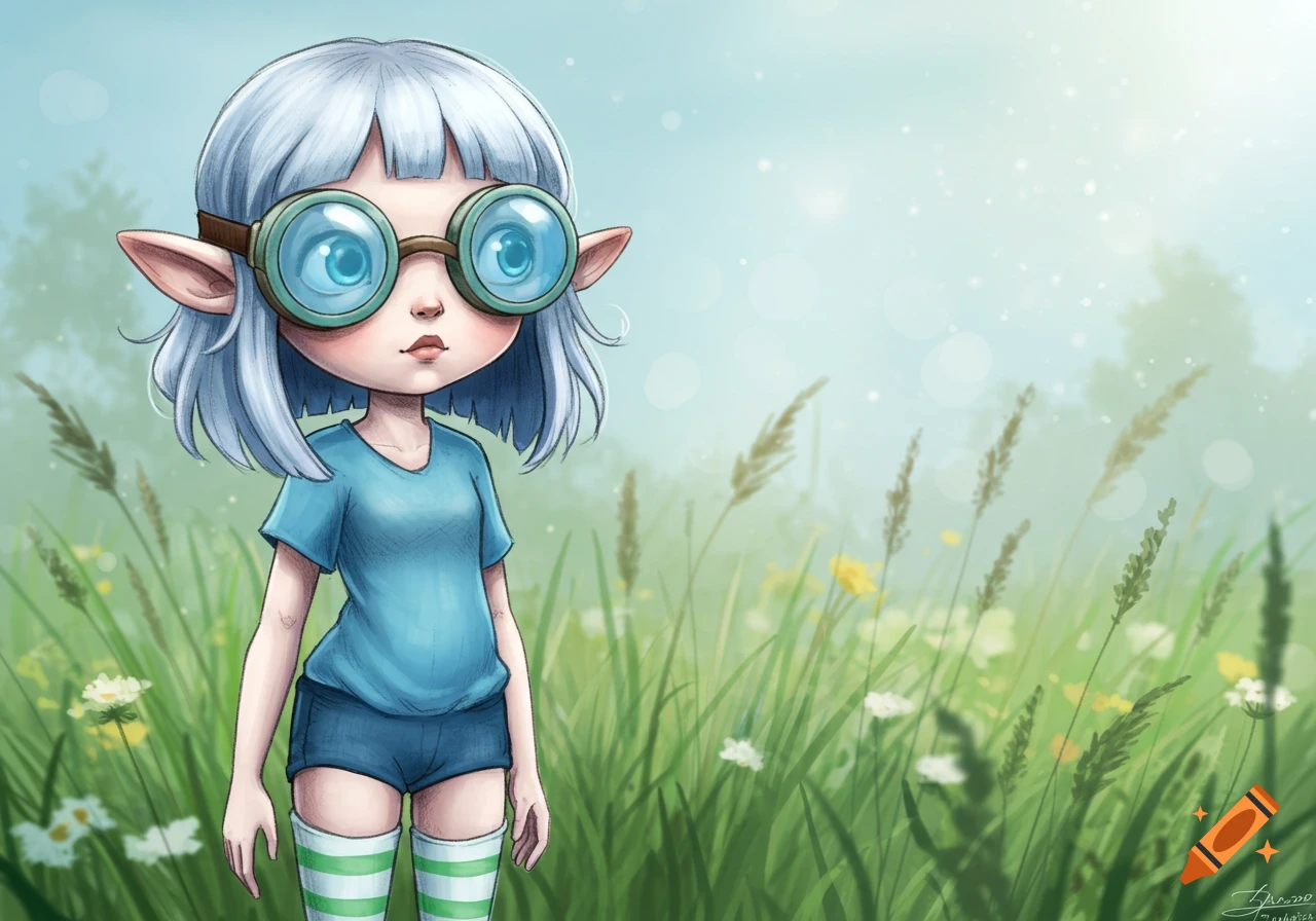 Illustration of a cartoon elf girl with light blue hair, large goggles, blue shirt, and striped socks standing in a grassy field.