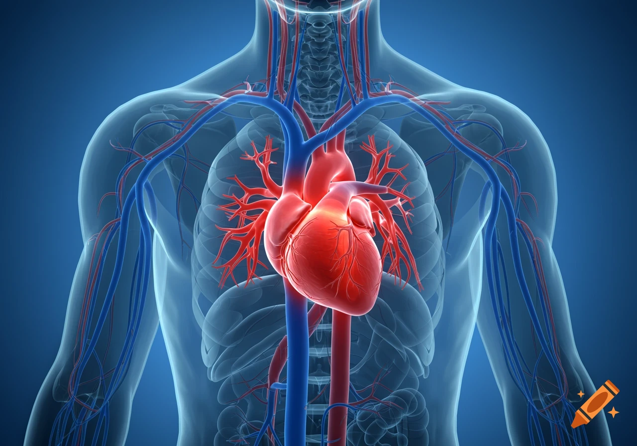 3D medical rendering of a human torso with the heart and main blood vessels highlighted against a blue background.
