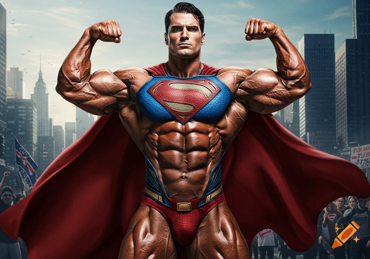 A photorealistic image of a highly muscular male bodybuilder dressed as Superman, flexing his biceps in front of a city skyline.