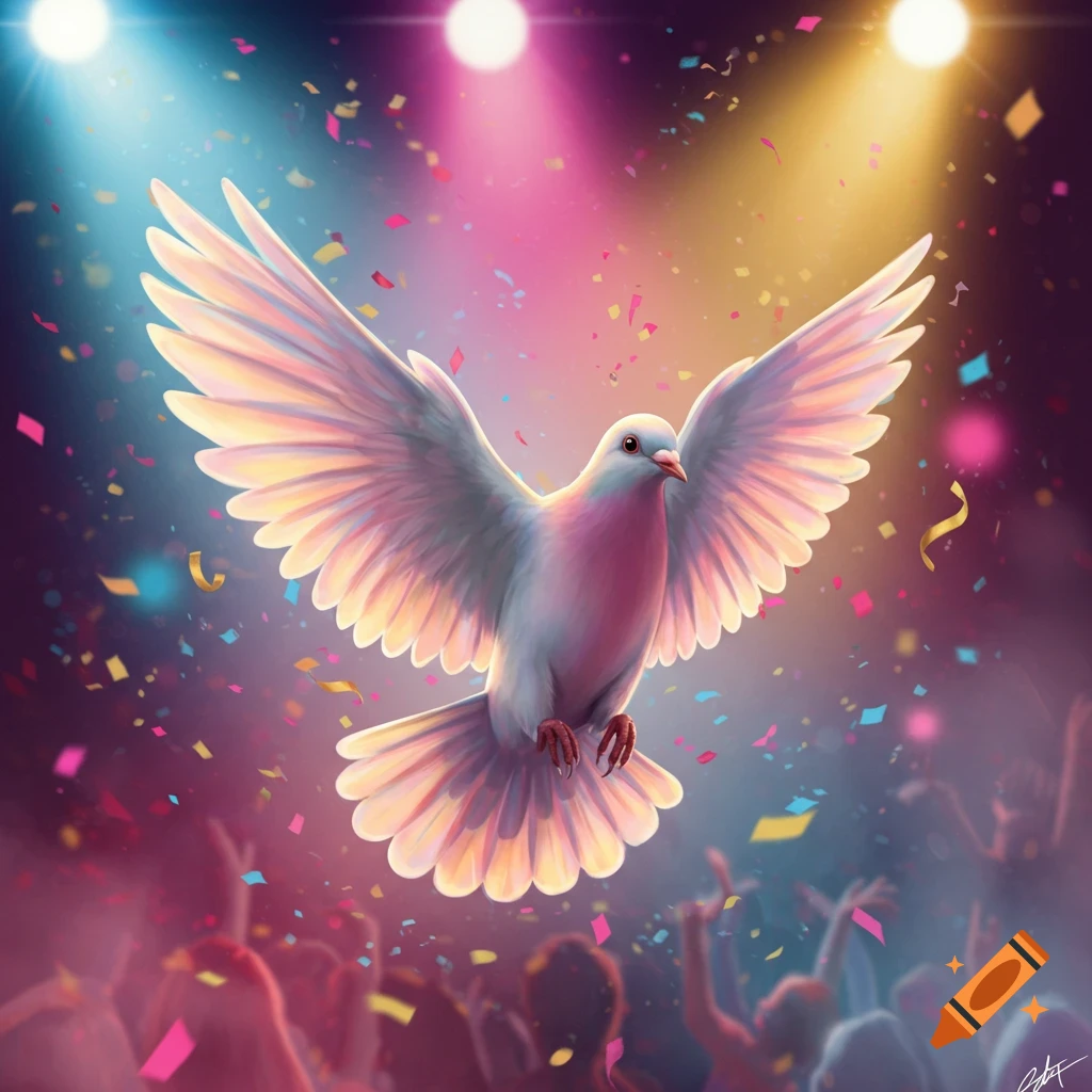 A white dove with outstretched wings flies through colorful confetti, illuminated by bright spotlights at a vibrant party.