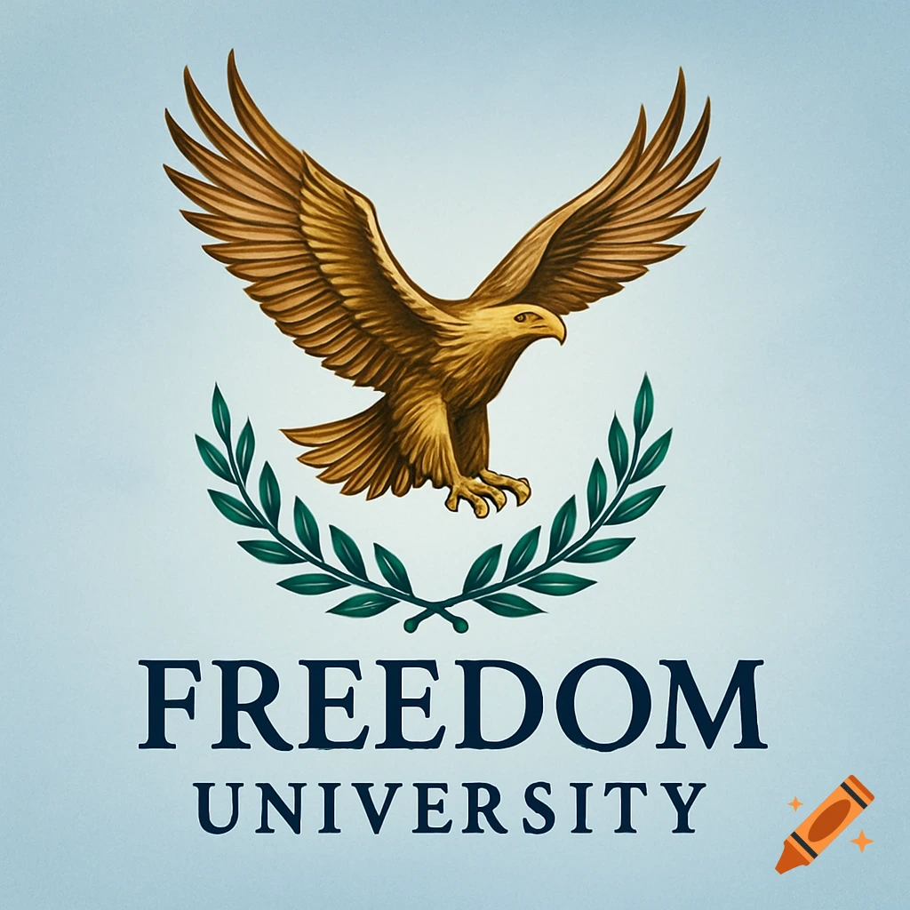 A university logo with a golden eagle, a green laurel wreath, and the words 'FREEDOM UNIVERSITY'.