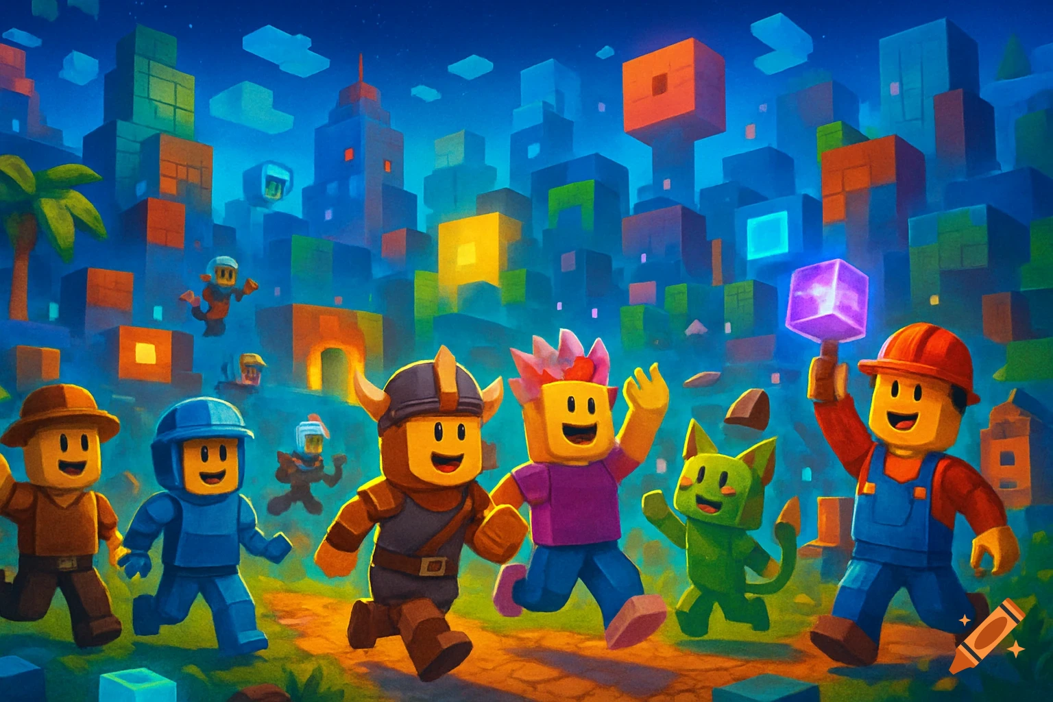 Blocky characters, like Roblox avatars, including a Viking and a cat, run through a colorful block world. One holds a glowing cube.
