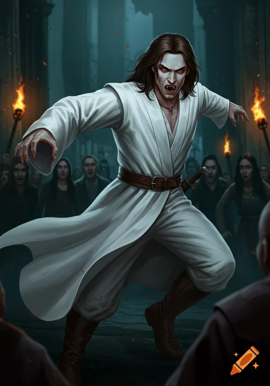 A fierce vampire man with red eyes and fangs, in a white robe, lunges forward as a fearful crowd with torches recoils in a dark, stylized scene.