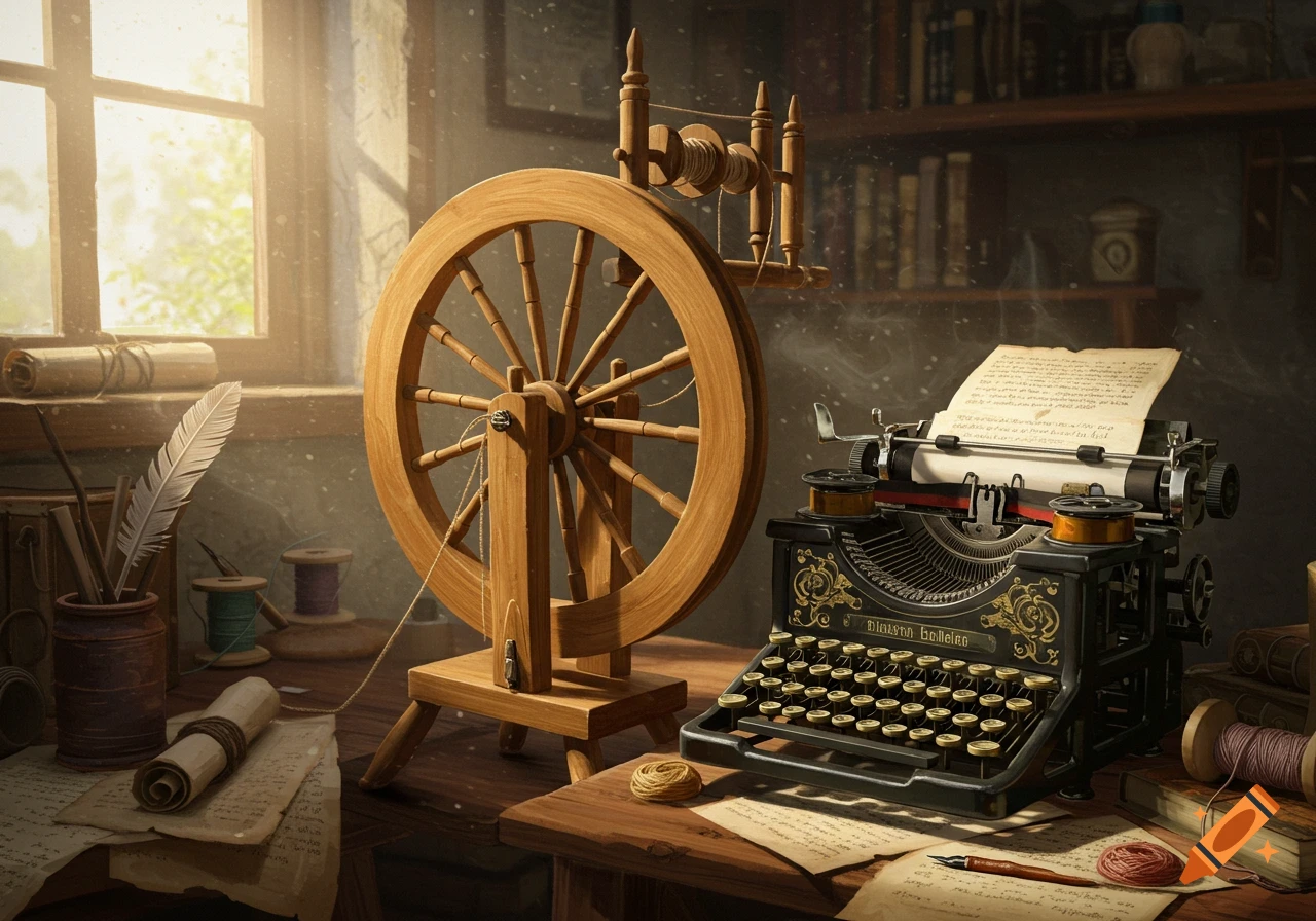 A wooden spinning wheel stands next to a vintage black typewriter on a wooden desk in a sunlit room filled with old books.