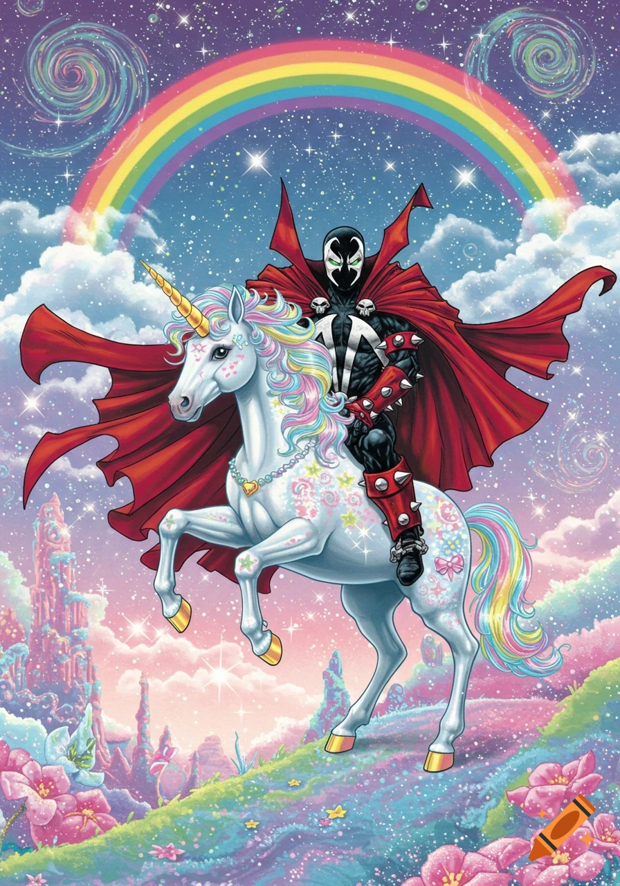 Spawn, a dark comic character, riding a sparkly white unicorn with a rainbow mane and tail under a rainbow in a colorful, whimsical, starry sky.