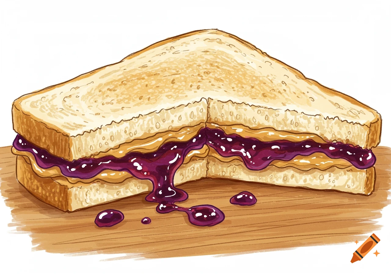 A colorful sketch art illustration of a peanut butter and jelly sandwich cut into two triangles, with jelly dripping onto a wooden surface.