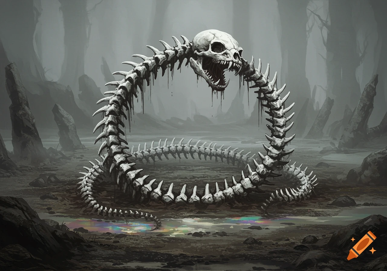 A skeletal snake or dragon forming an ouroboros shape in a dark, misty forest, dripping with black liquid.