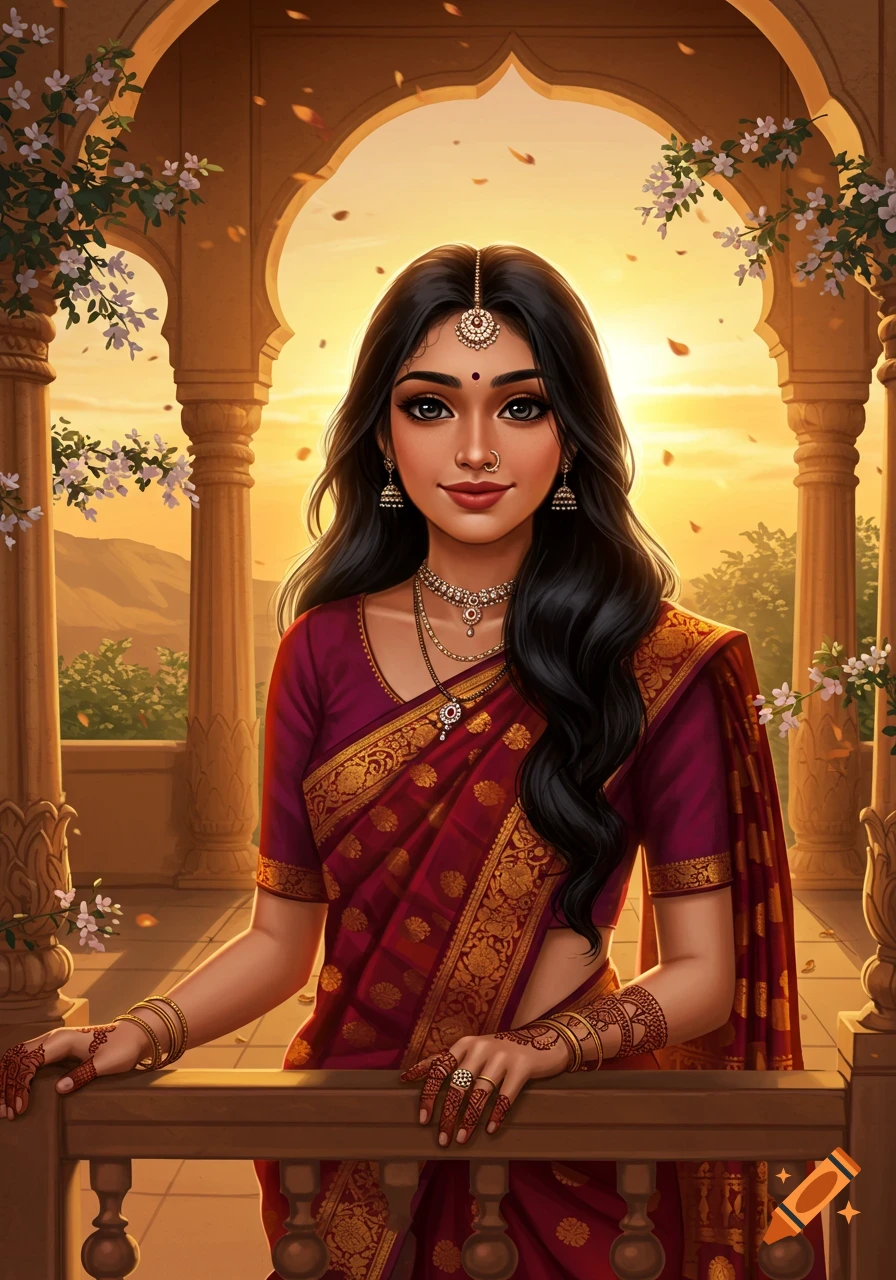 Beautiful digital art portrait of an Indian woman in a red sari and traditional jewelry, standing on a balcony at sunset.