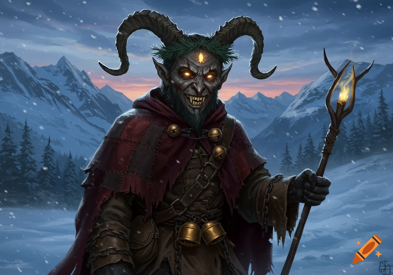 A menacing Krampus with horns, glowing eyes, and fangs, wearing a red cloak and bells, holds a fiery staff in a snowy mountain landscape.