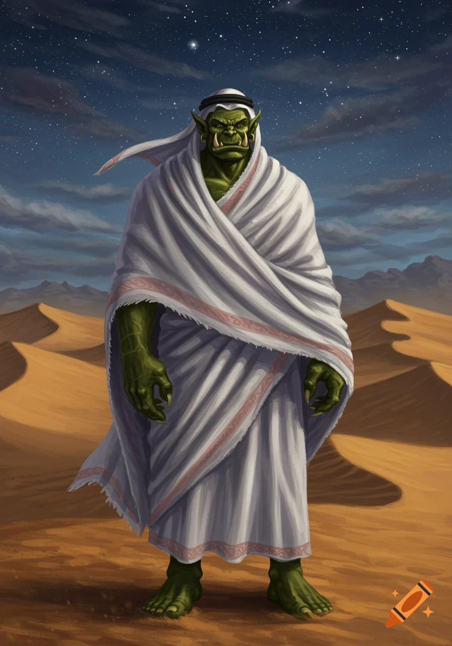 A green-skinned orc in a white thobe and keffiyeh stands in a desert under a starry night sky.