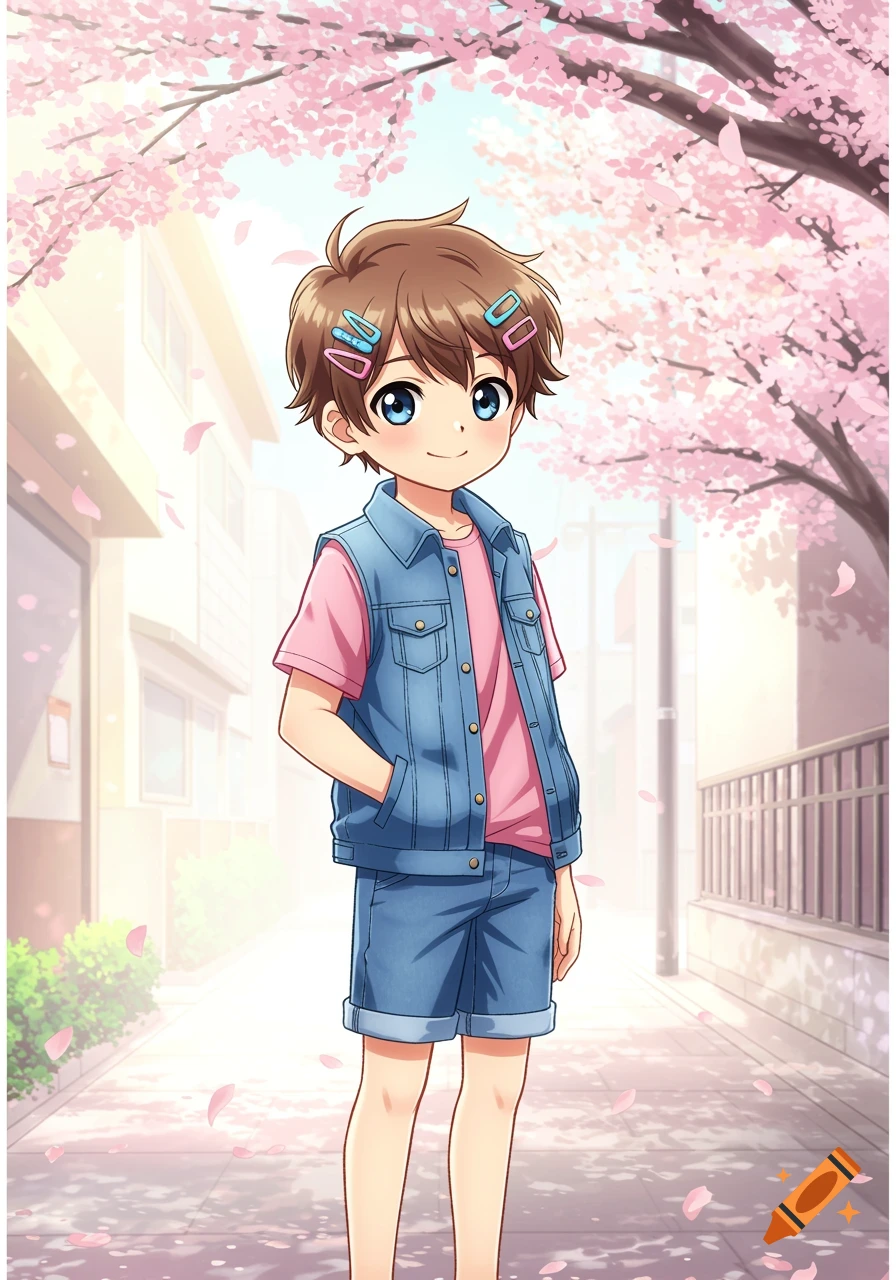 An anime boy with brown hair, blue eyes, and colorful clips in his hair, wearing a denim vest and shorts, standing under cherry blossom trees.