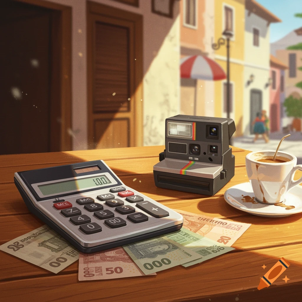 A calculator, vintage camera, coffee cup, and various banknotes are arranged on a wooden table outdoors with a blurry street scene in the background.