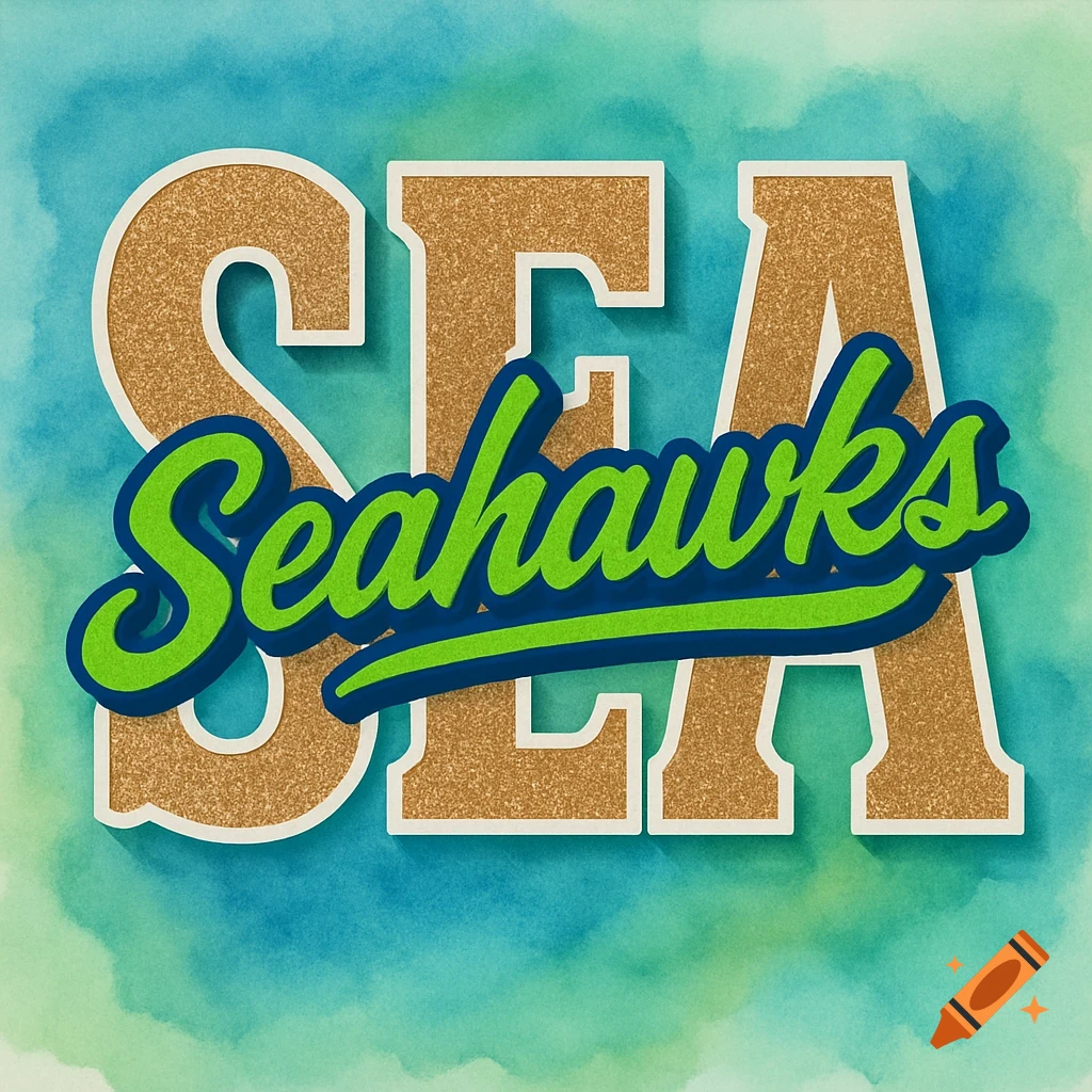 SEA in light brown glitter, overlaid by Seahawks in green cursive with a blue shadow, on a blue and green watercolor background.