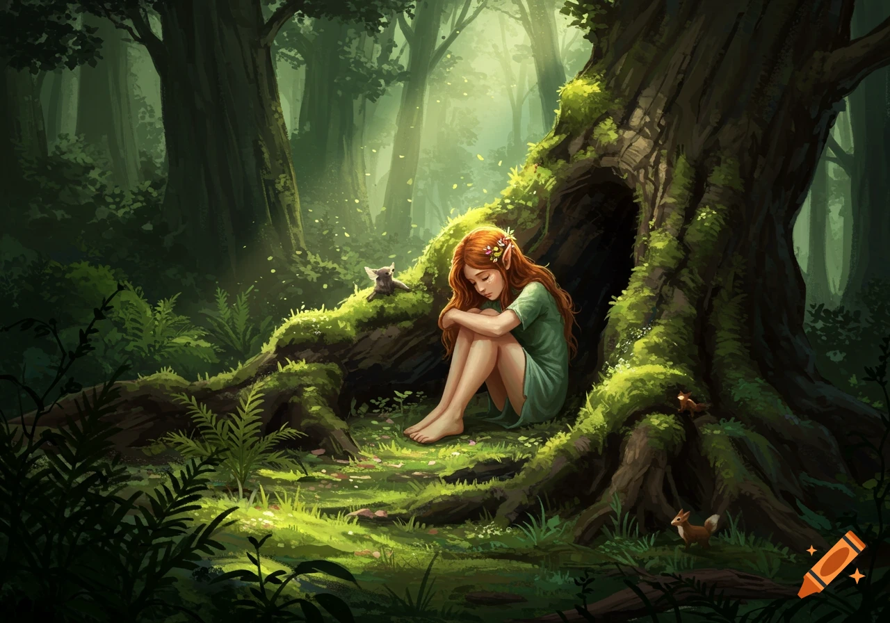 Girl with long red hair and pointed ears sitting by a large tree in a sunlit fantasy forest, surrounded by moss and small animals.