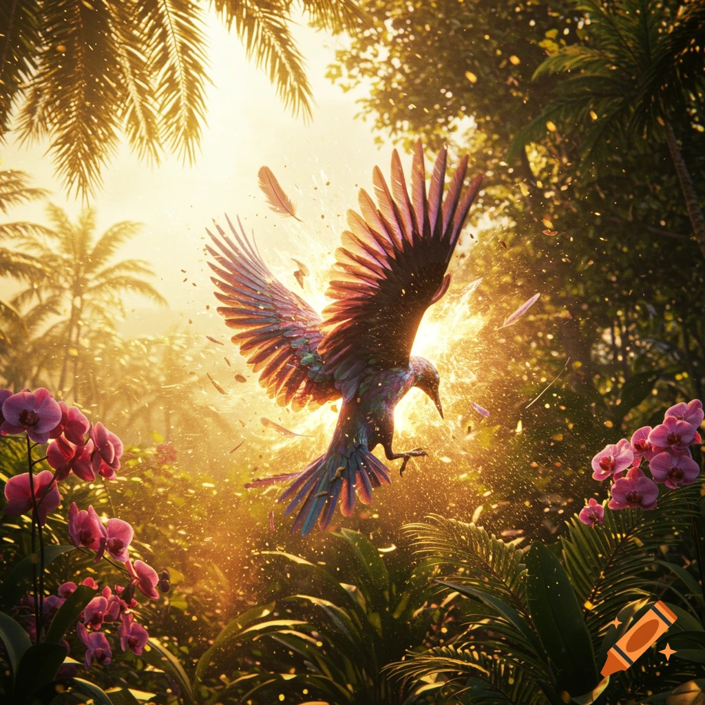 A vibrant bird in mid-flight erupts in a burst of golden light and feathers within a lush tropical jungle.