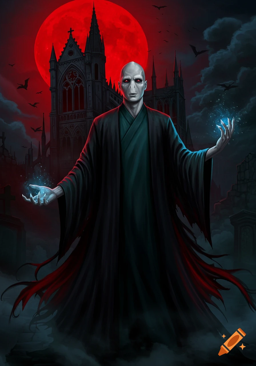 A pale, bald figure resembling Voldemort in dark robes stands before a blood-red moon and a gothic cathedral, holding glowing blue magic.